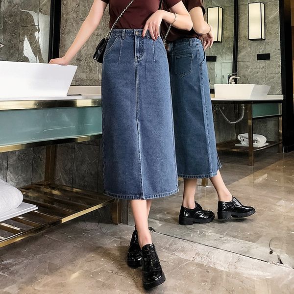 

y4imy плюс размер denim джинсовая юбка для женщин 2019 весной и летом новый жир mm200 jin средней длины высокая талия раскол поясной хип пок, Black