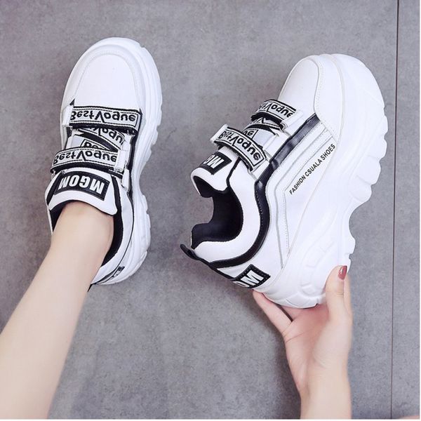 

women chunky sneakers 2020 fashion platform sneakers ladies brand wedges casual shoes for woman leather sports dad shoes 7cm cx200803, Black
