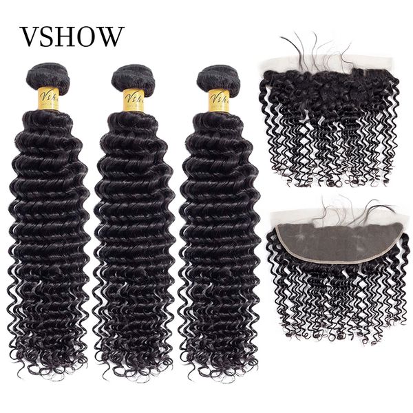 

vshow brazilian deep wave bundles with frontal natural color remy human hair 3/4 bundles sew in with closure 13x4, Black