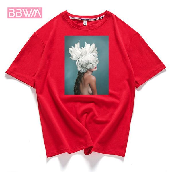 

95% cotton bloom flower feather women t -shirt summer short sleeve round neck harajuku printing tee casual fashion female, White