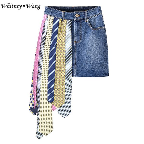 

whitney wang 2020 autumn fashion streetwear designer style colorful ties patchwork denim skirt women jeans skirts plus size 5xl, Black
