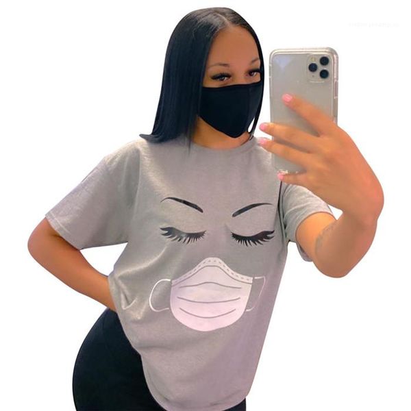 

fahion streetwear casual clothes womens mask face summer tshirts woman o-neck short sleeve loose tees women, White