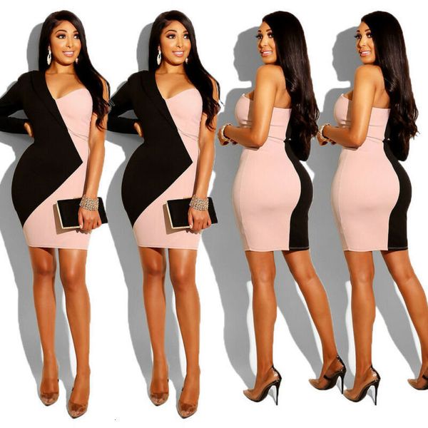 

2020 fashion women elegant dress bodycon long sleeve one shoulder evening party club mini dresses patchwork ladies clothes, Black;gray