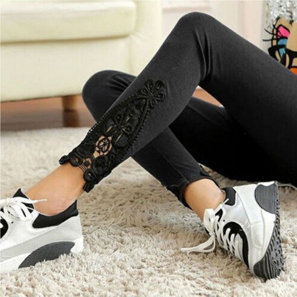 

women legging skinny lace cotton sheath stretch pants lacework soft casual solid color ankle length leggings, Black
