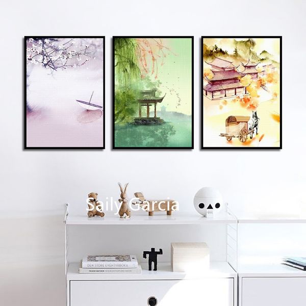 

colorful ink painting paper umbrella pavilion carriage chinese style and poetic landscape canvas decorative painting for li