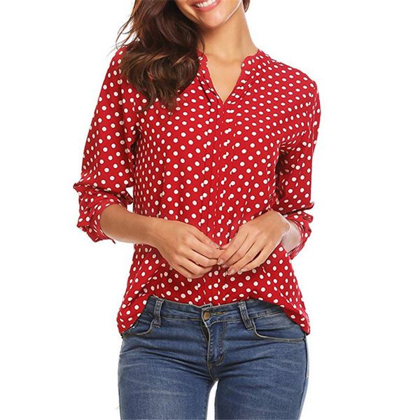 

women's blouses & shirts 2021 spring summer women dots print blouse shirt female long sleeve casual style v-neck loose plus size, White