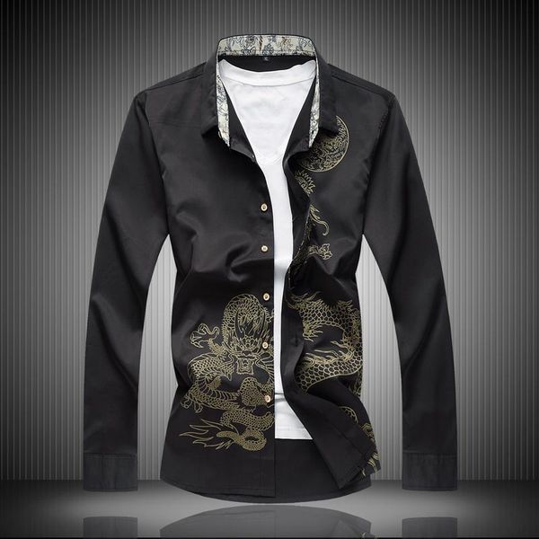

classic style cotton fiber men dress shirt dragon print men's social shirts office wear easy care (regular fit, White;black