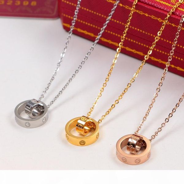 

e 2020 love dual circle pendant rose gold silver color necklace for women vintage collar costume jewelry with original box set