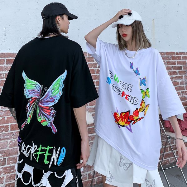 

national tide butterfly printing short-sleeved t-shirt men's tide brand bf harajuku style half-sleeved trend loose five-sleeved couple, White;black