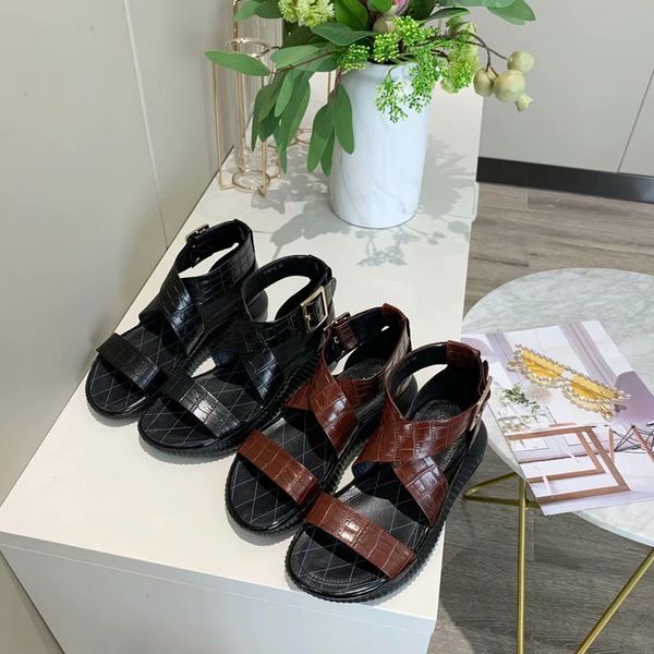 

sandals summer sports metal buckle decor female beach sandal flat sole genuine leather rome style women, Black