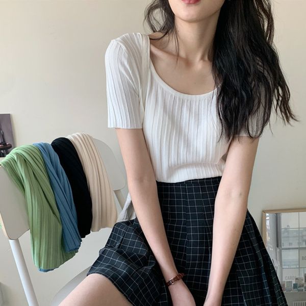 

square collar clavicle cramp ice silk knitted short-sleeved women's t-shirt t-shirt summer 2020 korean style women's, White