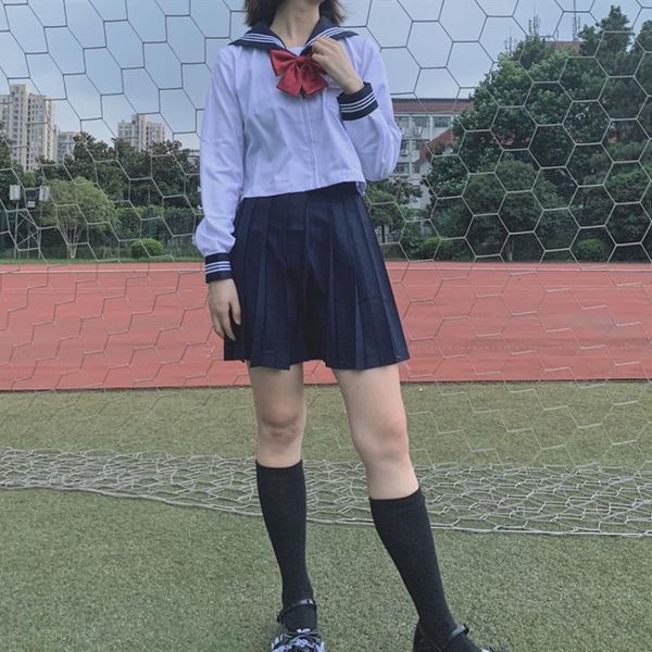 

students school uniforms japanese anime sailor navy long sleeve jk suit for woman high waist pleated skirts summer girls clothes, White