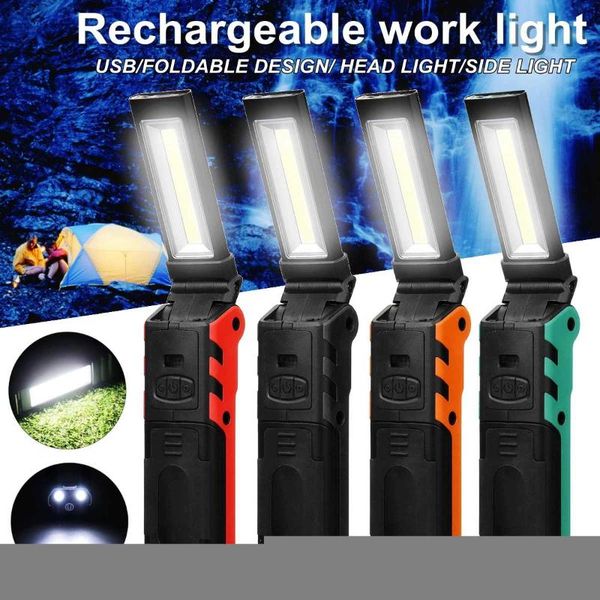 

usb rechargeable working light camping waterproof torch built-in battery cob led lantern linternas with magnet/hook