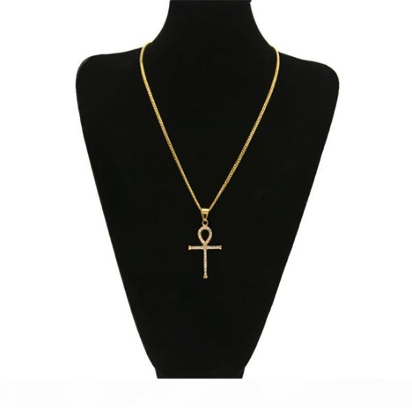 

d real gold plated ankh egyptian pendant necklace bling bling rhinestone crystal key to life egypt cross necklace cuban chain hip hop j, Silver
