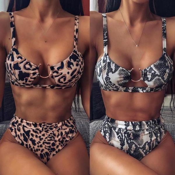 

2020 womens swimsuit leopard printed buckle bikini split swimsuit push up padded swimsuit bikini set biquini swim party, White;black