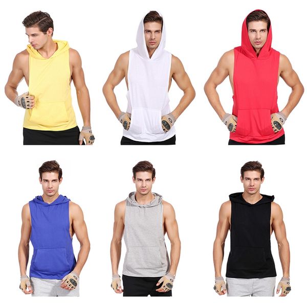 

men vest thin sleeveless pullover hooded breathable anti-sweat cotton spandex tank hoodies sportswear with pocket, Black;blue