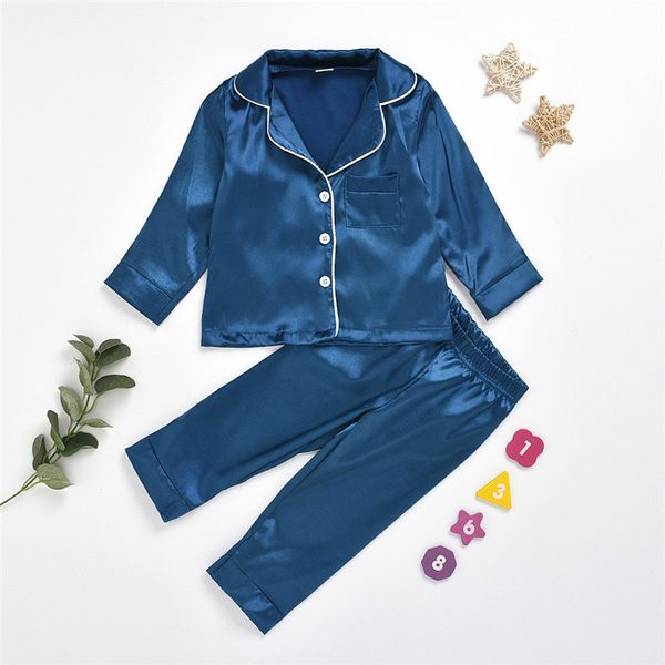 

fashion silk pajamas sets kids summer autumn winter boys girls long sleeve shirk + pants sleepwear solid nightwear kids home clothes ly7292, Blue;red