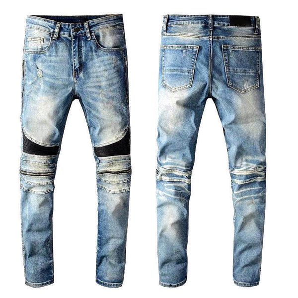 

mens distressed ripped biker jeans slim fit motorcycle biker denim for men hip hop men jeans good quality, Blue