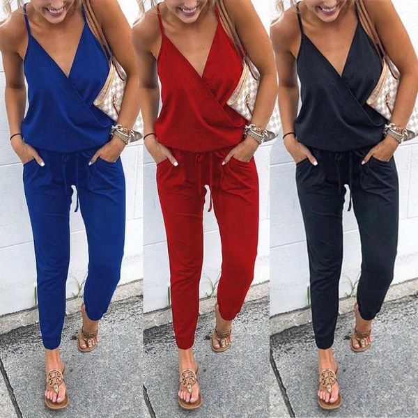 

2020 spring summer autumn cross-v-neck lace halter jumpsuit red black royal blue romper women trouser, Black;white