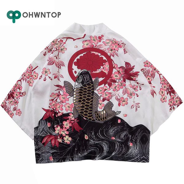 

men's jackets koi fish printed kimono jacket chinese style mens harajuku streetwear coat summer thin clothes loose men clothing, Black;brown