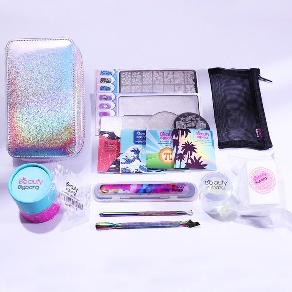 

beauty bigbang14pcs nail art set tool kit stamper nails file manicure flower galaxy style stamping plates with storage bag set