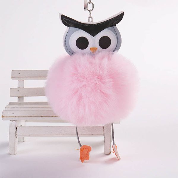 

pompom owl keychain pom pom key chain fluffy fake rabbit fur ball porte clef leather key ring llaveros, Silver