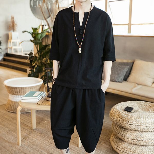 

men thin linen set summer chinese style loose large size cotton linen 2pcs/set short sleeve middle length pants h9, Gray