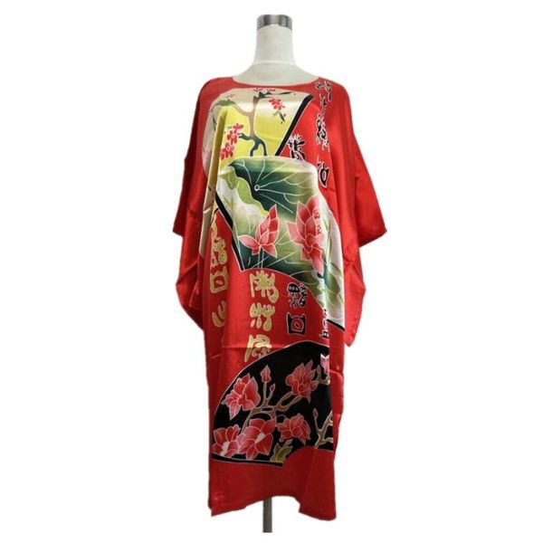 

red size female faux silk bath robe gown summer lounge looose sleepwear print nightdress women nightgown, Black;red