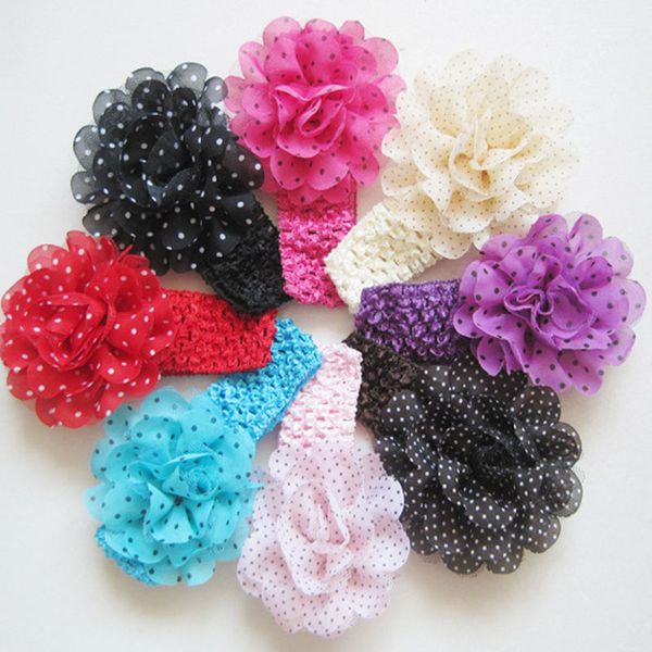

wholesale new fashion baby girls dot chiffon flower headbands infant kids elastic headwear children hairbands hair accessories, Slivery;white