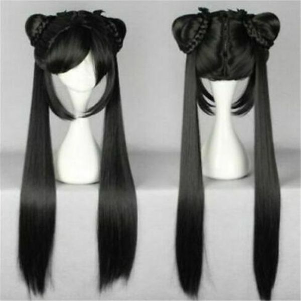 

long black straight lady girl lolita wig with two ponytails design wig
