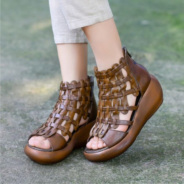 

sandals vallu summer 2021 handmade leather women's shoes roman high-end art thick bottom, Black