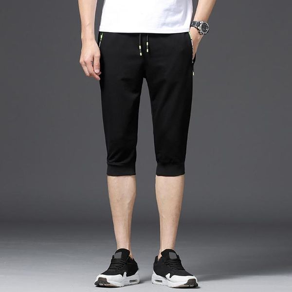 

men casual breathable drawstring zipper pockets sports capri pants trousers summer new fashion thin section pants men trouser, Black