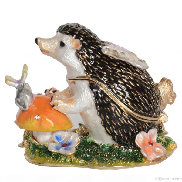 

hedgehog trinket box ornament gift collectible figurines crystal jeweled collection enameled box, Black;white