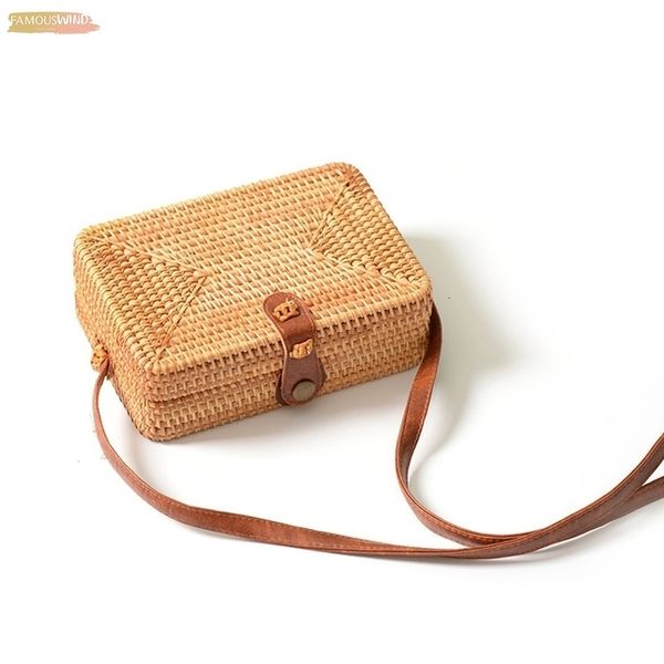 

ins new ladies hand woven satchel square straw rattan literary hand woven leather buckle package bohemia beach messenger satchel