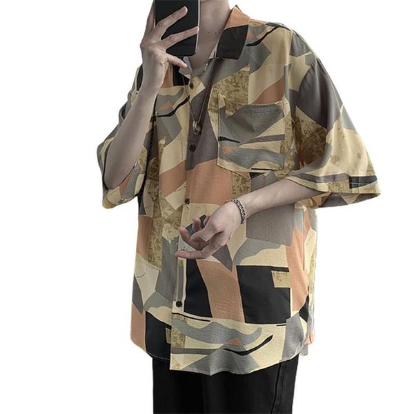 

men shirt hawaiian shirt male short sleeve blusas fashion color block short sleeves turn-down collar men loose casual top, White;black