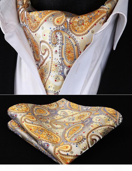 

rp706ys yellow gold paisley ascot tie designerket square woven men party wedding tie necktie handkerchief set, Blue;purple