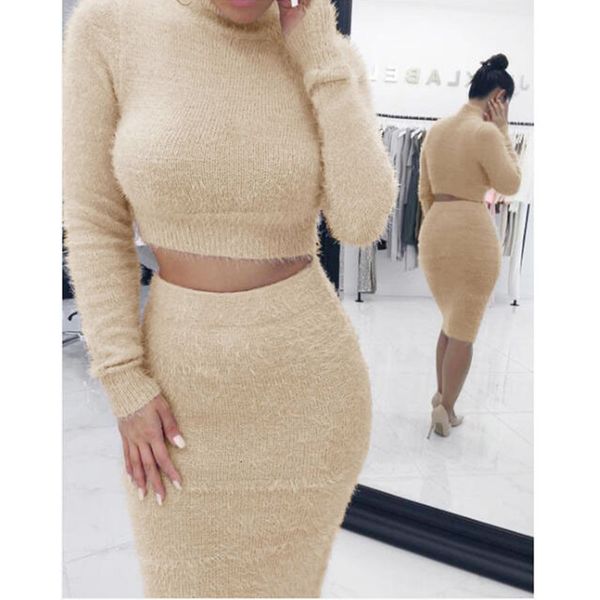 

autumn 2pcs set women bandage suit long sleeve fleece crop pencil midi skirt solid bodycon dress sweater tracksuit outfit, Gray