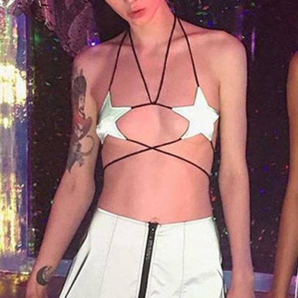 

women silver reflective star bralette bralet bra crop bustier night club gothic summer shirt feminina, White