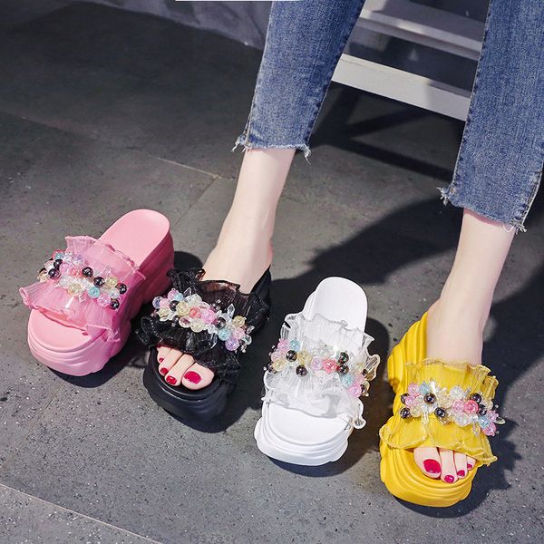 

slippers casual summer women's shoes platform heeled mules pantofle slides string bead on a wedge rubber flip flops luxury, Black