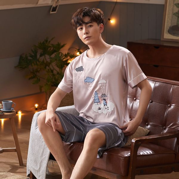 

pajamas men's ice short-sleeved shorts home wear summer pajamas and silk silk thin casual large size loose suit, Blue;red