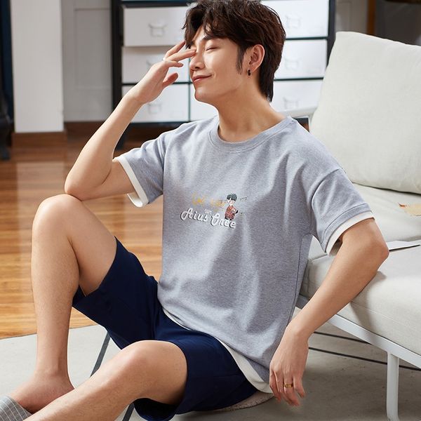 

home wear men's summer style peiyan pants set shorts pajamas men's 2020 new korean style short sleeve short pants suit cotton paja, Black;brown