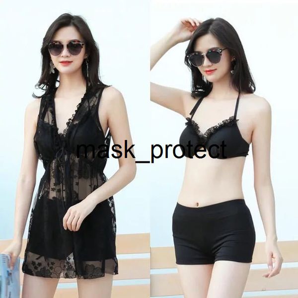 

fashion loose slimming dress new women's three-piece conservative one-piece belly-covering lace gathered large size spring swimsuit, White;black