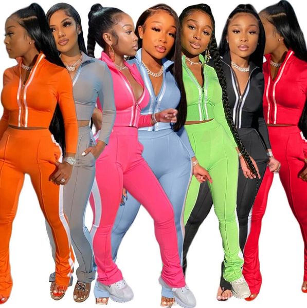 

tracksuit дизайнер zipper crop новых женщин пуловеры + брюки леггинсы два кусочка эпикировка лоскутная светоотражающие полосатый пот костюм, White