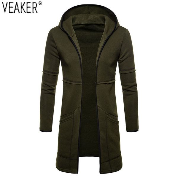 

2020 autumn new men's casual long hoodies outerwear male solid color long hooded coat men slim fit hoodies streetwear, Black