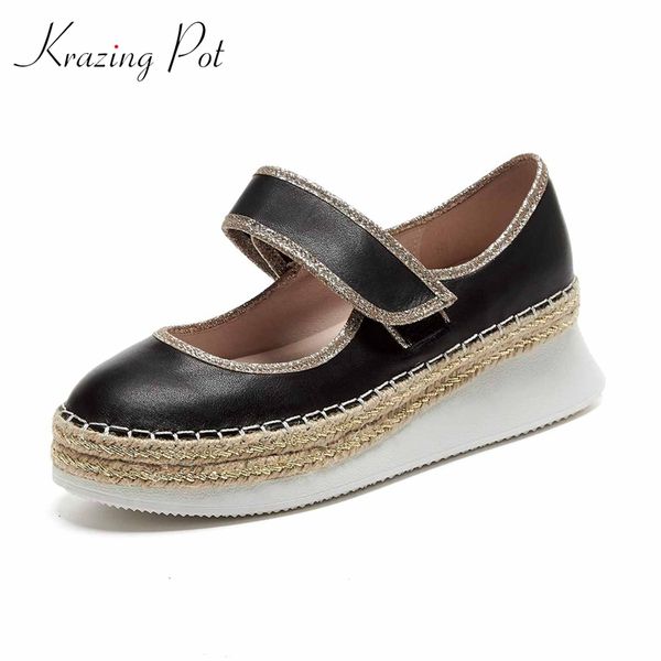 

krazing pot new european style natural leather convenient thick high heel round toe hook loop pretty girl preppy women pumps l13, Black
