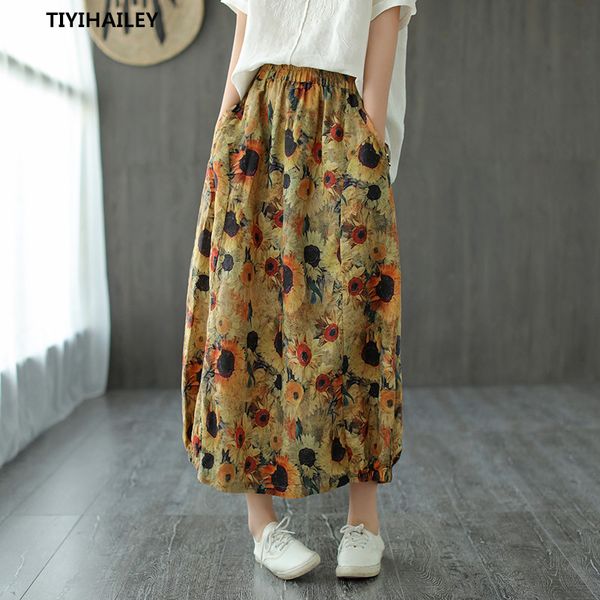 

skirts tiyihailey long maxi a-line for women elastic waist autumn and spring summer linen flower print, Black