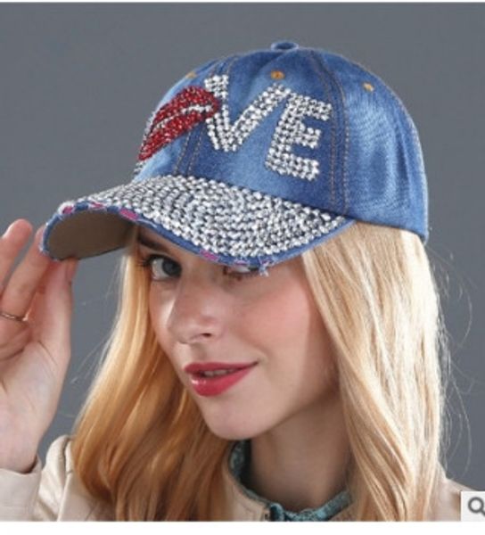 

new fashion love diamond washed jeans hat women's fashion duck tongue jeans baseball cap baseball cap, Blue;gray