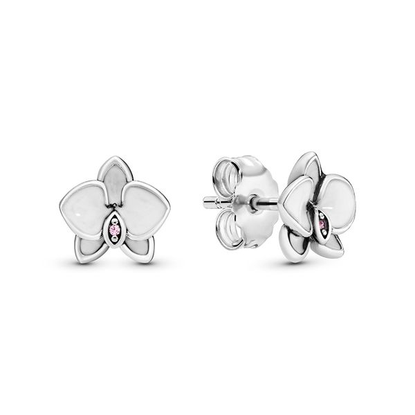 

925 sterling silver women's white enamel orchid flower stud earrings luxury fashion jewelry designer earrings with pandora original gif, Golden;silver