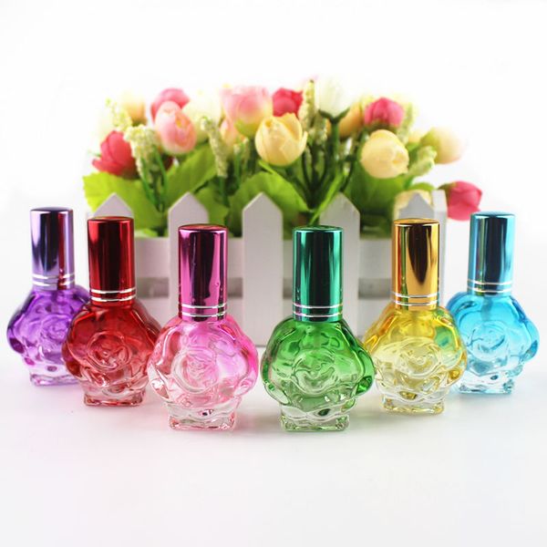 

1pc 10ml colorful rose shaped empty glass perfume bottle small sample portable parfume refillable scent sprayer bottle