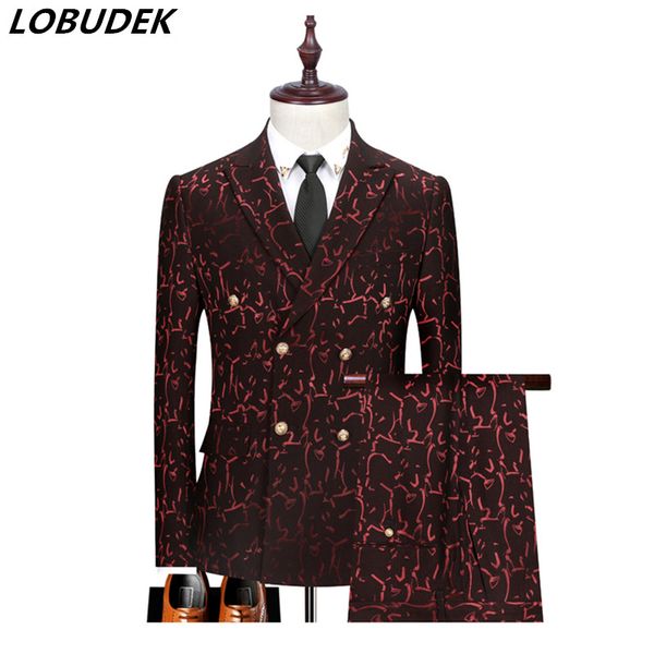

wine red double breasted floral suit 2-piece men's korean style wedding banquet evening host performance slim fit jacquard suits, White;black